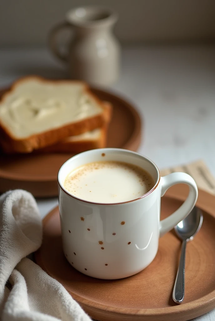 I want an image with coffee with milk in a mug and a slice of bread with cream cheese, but the image needs to look homemade, tipo stories do Instagram 