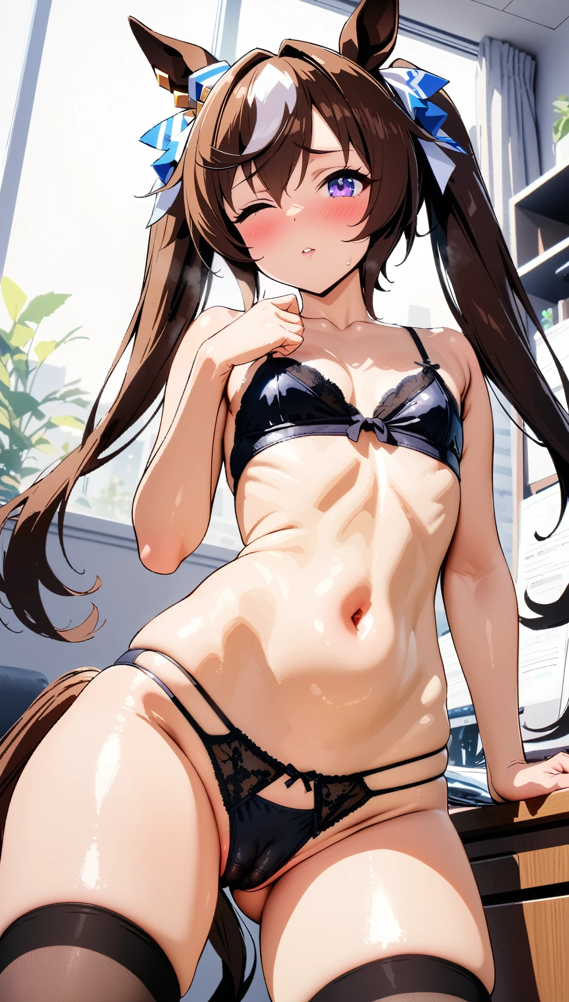 [[One person, Vivlos \(umamusume\), umamusume]], Beautiful attention to detail, Close one eye, ((indoor, office, living room), ), Curvy, thin, small胸, Flat Chest (Thigh-high socks), () , (Sexy pos(Seductive pose), (Crop Top Belly Button), (in, office, living room), Vinegar(Close-up shot), Dynamic Angle, Highest quality, Very detailed, masterpiece, Ultra-high resolution, 8k, Nipples, (Horse (panties), (good), (In ur), (Flashy underwear), (Camel Toe), (lingerie), (small