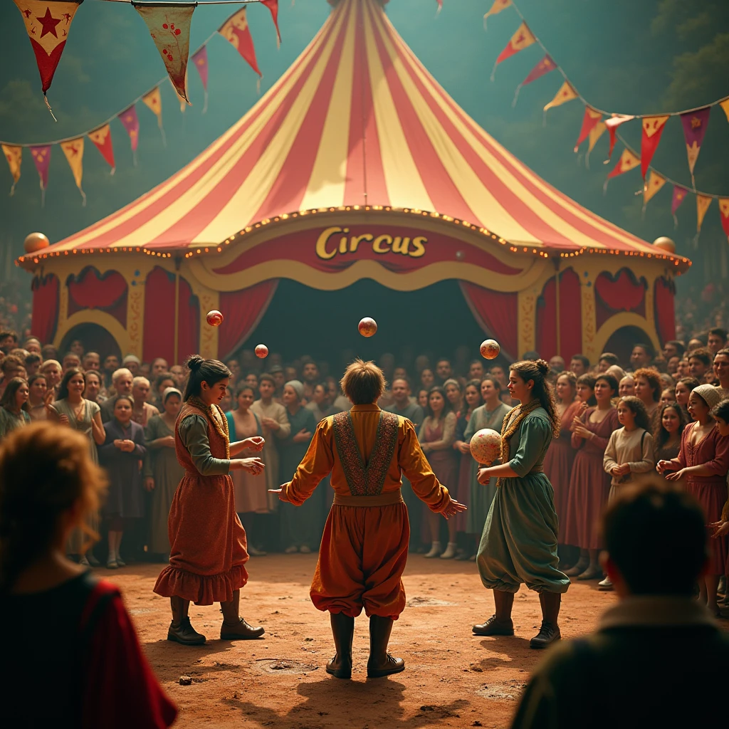 design a cinematic pic of circus with juglars with huge crowd, circus written in small above the tent with subtittle 'a journey through time' in size of powerpoint presentation 