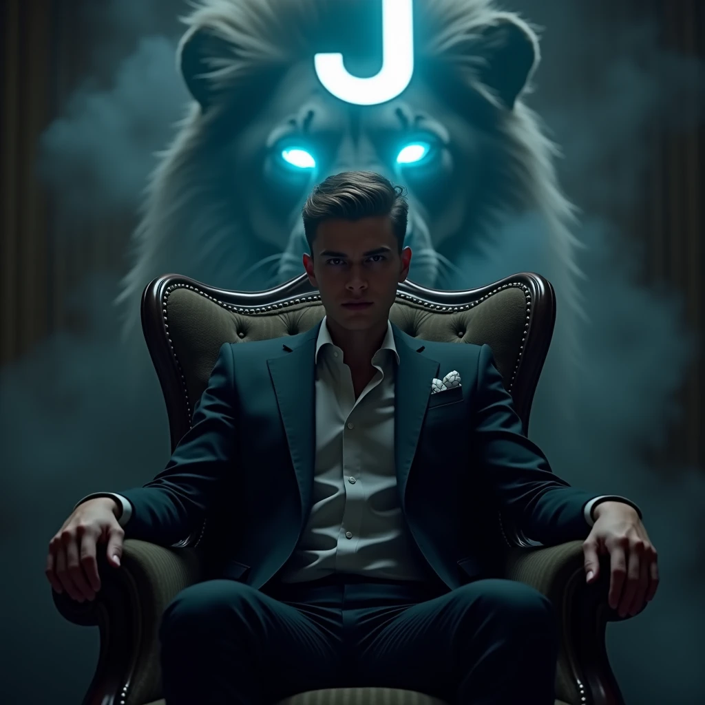 Create a realistic image where a 20 years oldman wearing black luxury suit and sitting on a king size chair, there is smoke in the background of a shadow of a lion face and lion's eyes is glowing in blue colour. In background the name " J " is showing in bold and neon effects just above the head of the character as per his name.