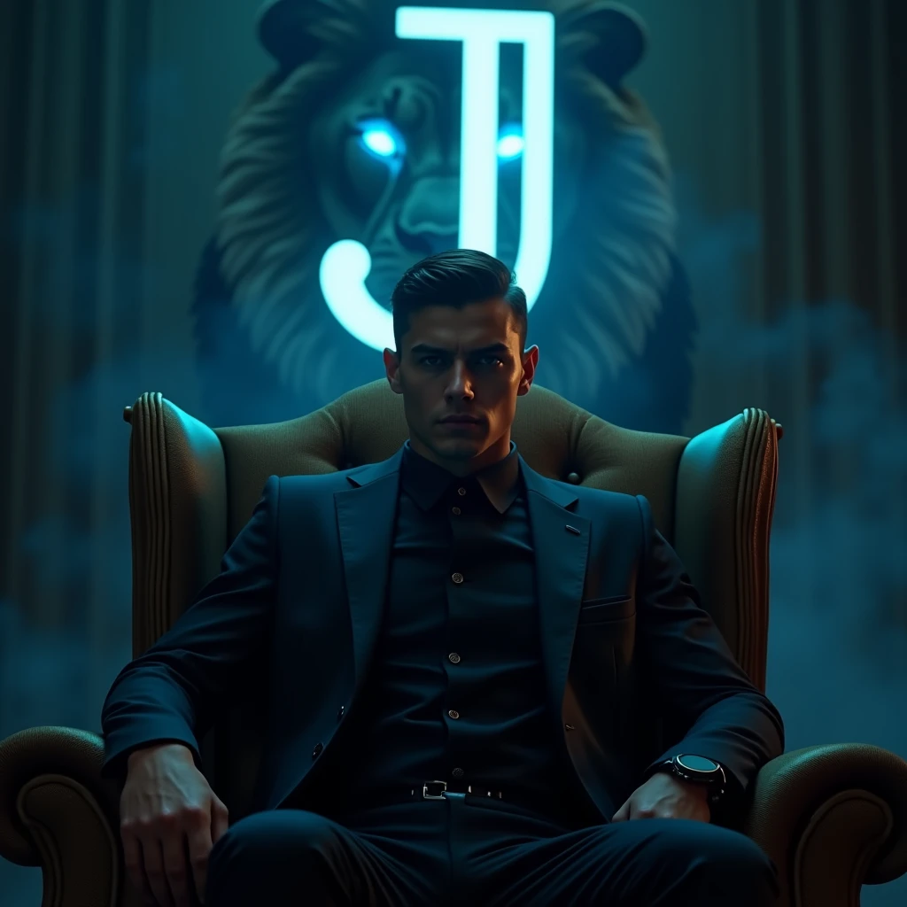 Create a realistic image where a 20 years oldman wearing black luxury suit and sitting on a king size chair, there is smoke in the background of a shadow of a lion face and lion's eyes is glowing in blue colour. In background the name " J " is showing in bold and neon effects just above the head of the character as per his name.