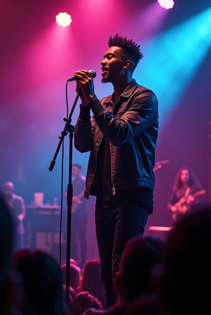 A young and handsome 2 artist , black complexion, une coiffure tapers dégradé, the microphone in front and singing with a catchy rhythm and passion