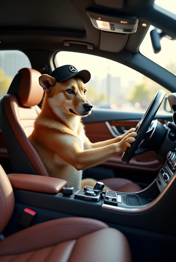 A dog driving a Mercedes