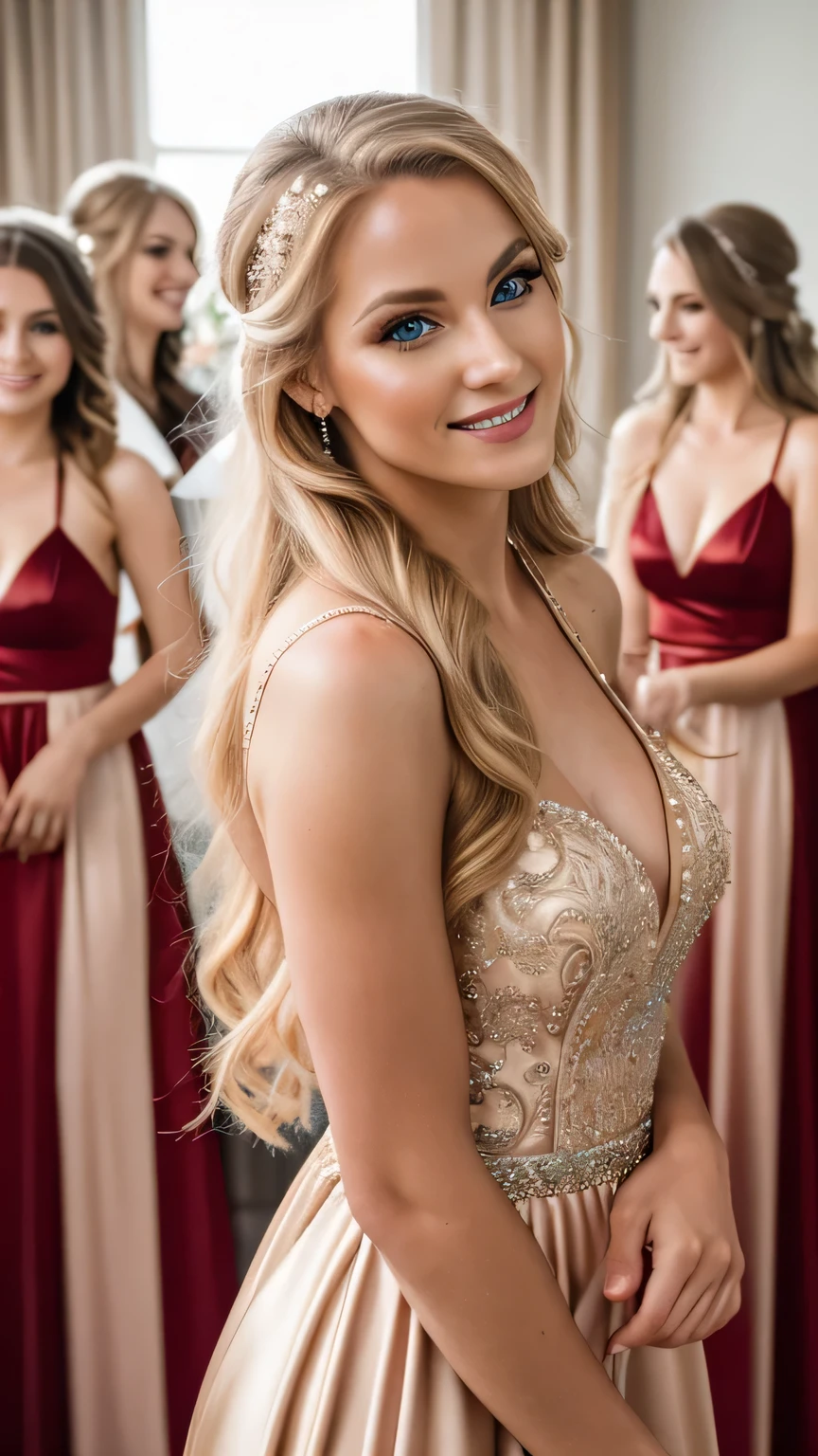 Realistic photo of the upper body of a smiling woman, beautiful blonde woman with long hair, She dances in front of the camera in a long A-line bridesmaid dress with straps made of shiny red satin., Park,glamour fotoshooting, Wedding celebration, perfect anatomy, perfect blue eyes. Perfect hands with 5 fingers on each hand, Suitable woman , look into the camera, 1 Frau. (Eye make up:1.1), (highly detailed skin:1.1), spirit, analog style, keen focus, 8K  UHD, dslr, good quality, Fujifilm XT3, Grain, Award-winning, ​masterpiece. Wedding celebration