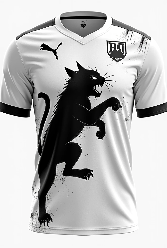 Make the best white interclass jersey, with a small black wild pampas pampas cat that scares opponents, and Make black scratch details on the shirt and in the upper left corner in the chest area place the puma symbol and on the team symbol place a star on top of the symbol