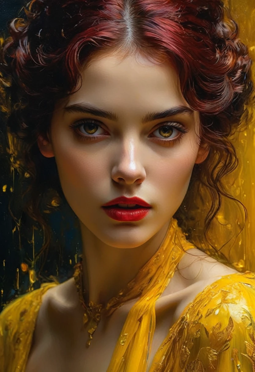 Beautiful cinematic impressionistic painting, Dark eerie horror, something out of this world, a monster in the form of a girl, an evil but beautiful face, a glossy dark cherry yellow hellish look, a scary beautiful expressive look, in the style of Jeremy Mann's Pino Daeni and Charles Dana Gibson, Mark Demsteder, Paul Hedley, perfect composition,
beautiful detailed intricate insanely detailed octane render, trending on artstation, 8k art photography, photorealistic concept art, software natural volumetric cinematic perfect light, chiaroscuro, award winning photography, masterpiece, oil on canvas, Raphael, Caravaggio, Greg Rutkowski, Beeple ,
Beksinski, Giger, Ultra HD, Realistic, Vibrant Colors, High Detail, UHD Art, Pen and Ink, Perfect Composition, Beautiful Detailed Complex Insanely Detailed Octane Rendering, Artstation Trends, 8k Art Photography, Photorealistic Concept Art, Soft Natural volumetric cinematic perfect light