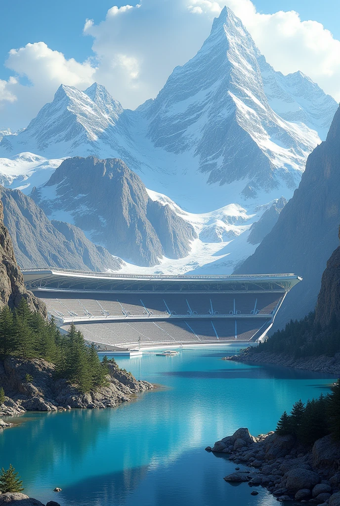 with stadium background, snow-capped mountains and lagoons
