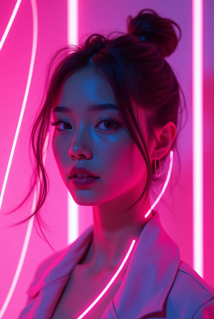 A girl on a vibrant background with shades of pink and purple, giving it a neon-like glow. There are abstract elements resembling strands or ribbons flowing along the girl some of which are highlighted by bright pink lighting effects that mimic the look of neon lights. The central part of the image is represented by the girl with a solid color that prevents you from seeing what is underneath in that section.. The overall aesthetic is reminiscent of a futuristic or digital theme, Possibly suggesting movement and energy due to the dynamic lines and intense 3D colors