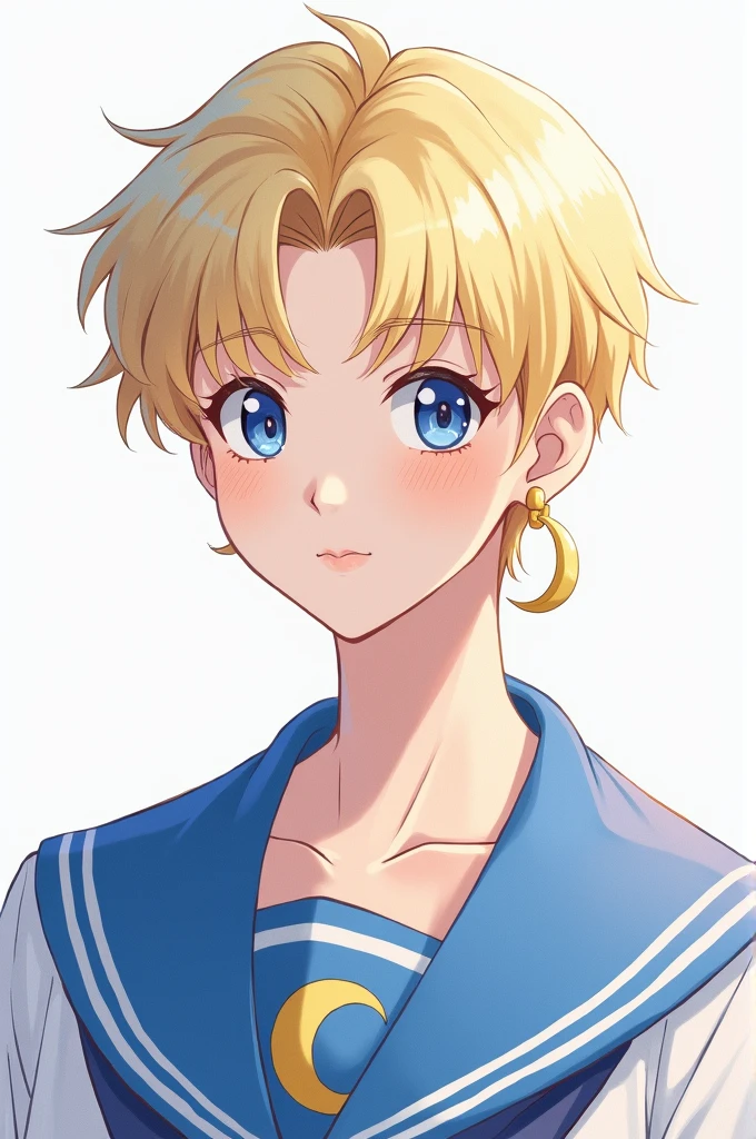 White skinned man with short blond hair in sailor clothes, moon shaped earring and blue sailor uniform with moon clips anime sailor moon