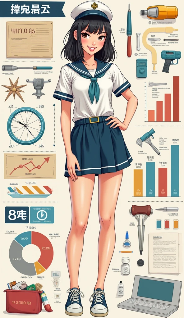 Decorate with
infographic sketch of cast a
"nice girl Thai Navy",
smiling and funny
expressions, show full body
view, infographic style,
media for advertise,
Material chart, show
massive of result with
graphs and charts, knolling
photography of tools on
around, insanely and
exquisite of detail, fine color
background, Realism, Sharp
line, High contras, light of
studio
