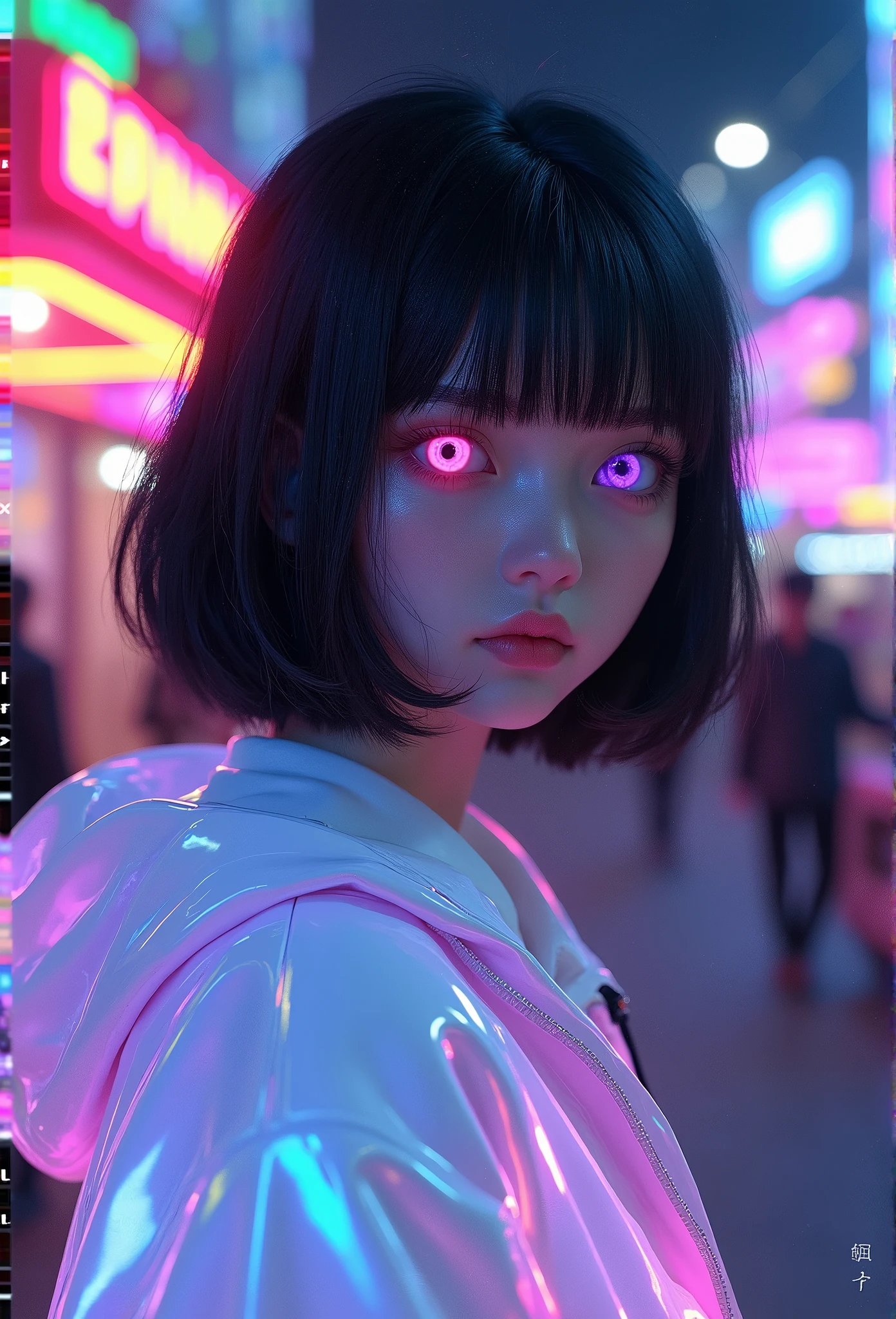 Young adult girl with black layered hair, straight front bangs, purple right eye and pink left eye, white holographic Jacket with hood, Night background with neon lights in amusement park, different expressions ,Facial expression