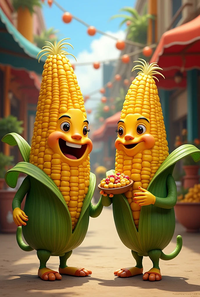 a corncob and an esquite with a face