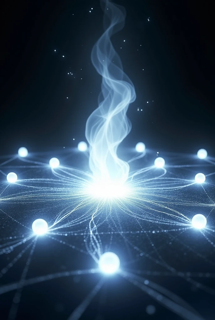 United and connected by a single mind in the spiritual world On a black background A bright white flame in the center as a creator And around infinite bright balls of light joined by white threads