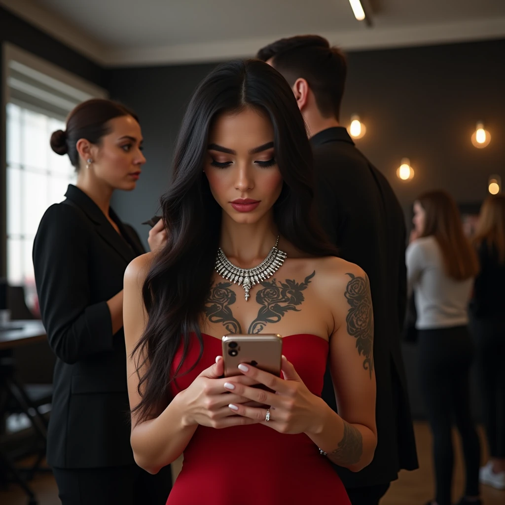 a natural white female, with long wavy black hair, lashes, plump lips, diamond chain, tattoos, flawless eyebrows, wearing a red strapless dress, standing behind the scenes of a photoshoot, getting her makeup touched up, looking down at her phone, 24K HD 