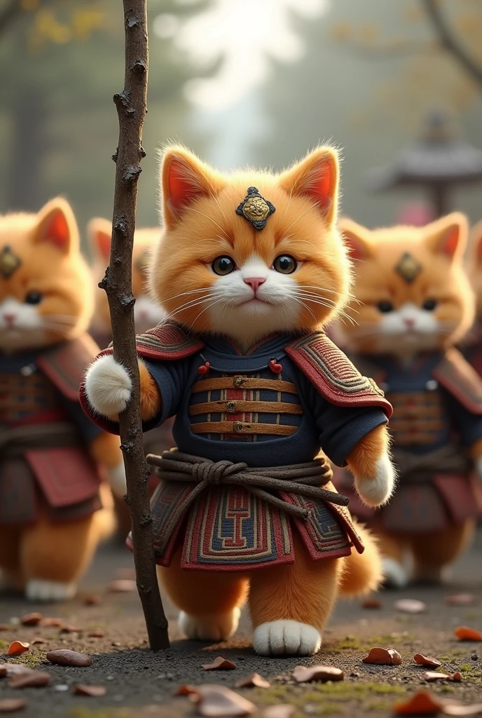 Stuffed cat dressed as a samurai Bring along your stuffed animal companions All the stuffed animals are cats Weapon: Tree branch Feeling like we're marching Increase the number of people About 20 people Side by side Make it a realistic picture Strengthening the plush feel Make it more stuffed.