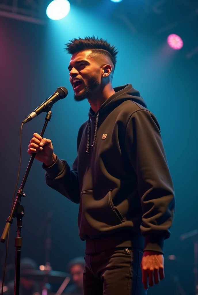 A young and handsome 2 artist , black complexion, une coiffure tapers dégradé, the microphone in front and singing with a catchy rhythm