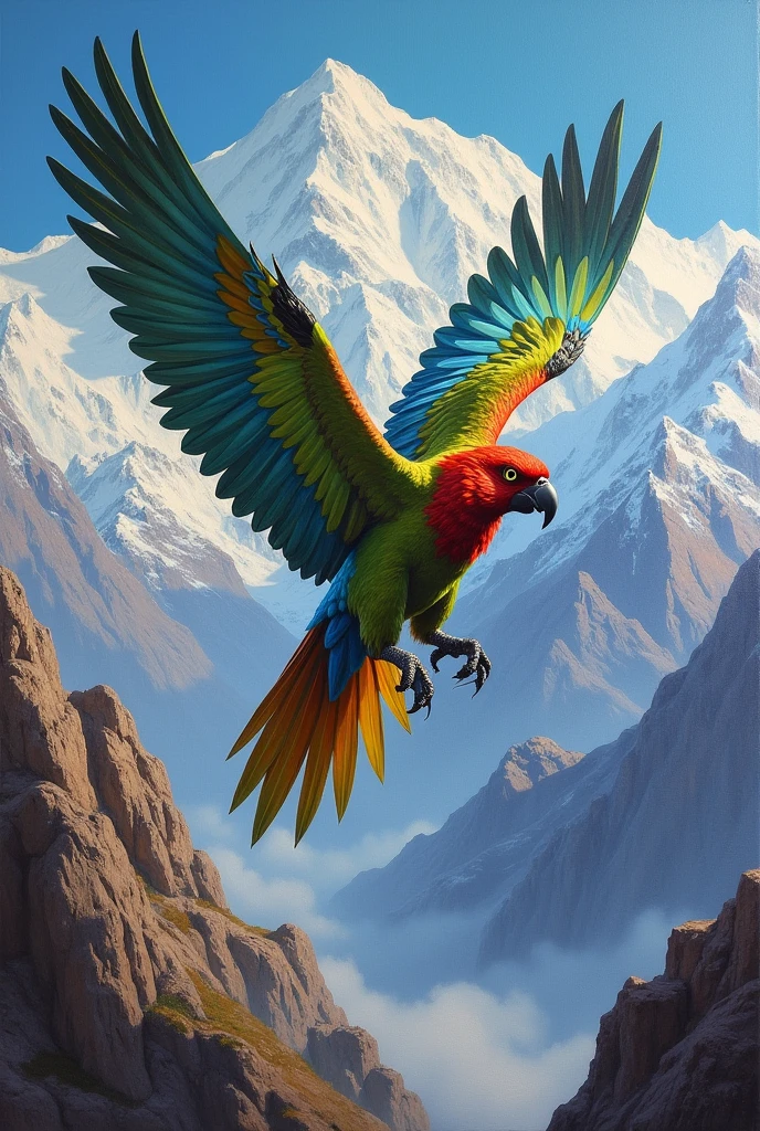 Oil painting of a mix between a Chilean Parrot and a Chilean Condor flying over the snowy Andes mountain range