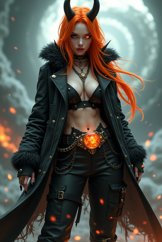 Female devil age 35, white skin, only right brown eye, only black sclera left red eye, long orange visual kei hair, black glod demon armor, bright black furry trench matrix gabardine open, black cargo pants, fire buckle crystal stone on the belt, cyberpunk japanese style, chains around the belt, athletic, magic powers, action, leather brown boots with metal pins, black nails, attack pose, hurricanes background