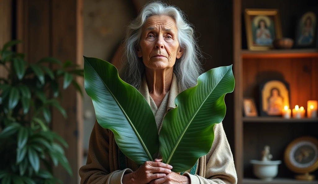 ultra realistic elderly woman healer with two Sansevieria trifasciata plants crossing like an x in front of her chest. In the background, a house with a shelf with saints and lit candles.. convey depth.