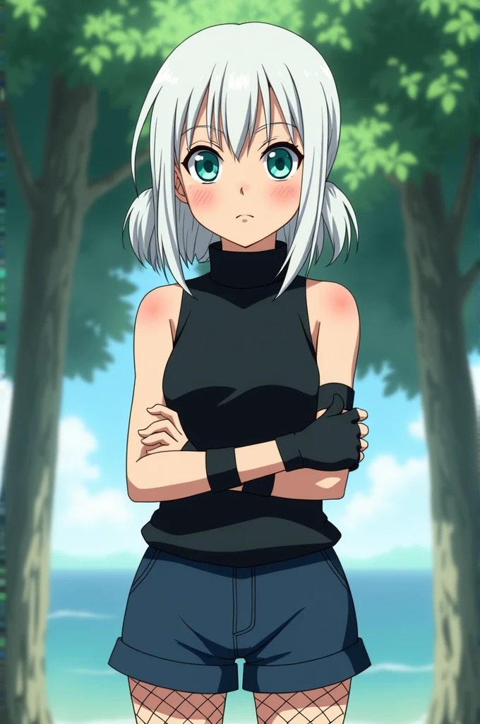 A twelve-year-old girl, tall, shoulder-length white hair with two locks on each side, large turquoise eyes, long eyelashes, serious expression, wearing a black sleeveless shirt with a turtleneck, dark blue shorts, fishnet stockings, a ninja band on her right arm, and a fingerless glove on her left hand, standing with her arms crossed, while behind her were leafy trees. Each traced in the style of the anime "Naruto classic", created by Masashi Kishimoto.

Translated