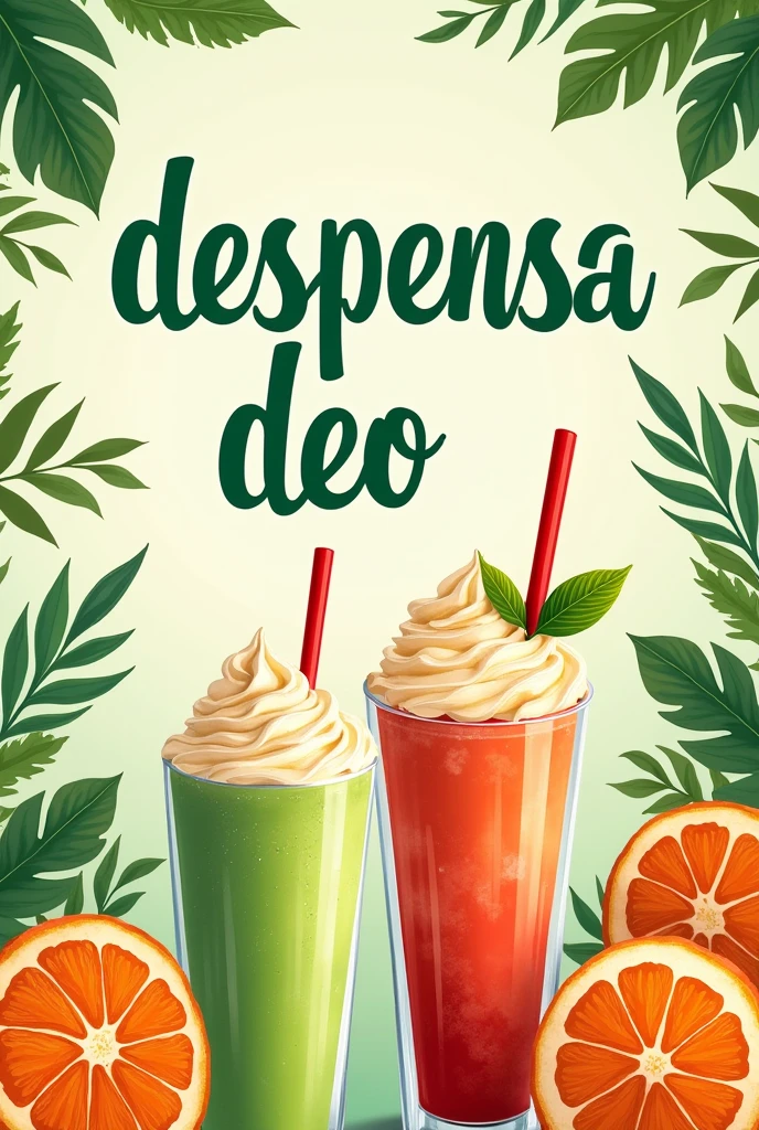 Generate an image with a poster design that says "despensa deo" and has images of milkshakes and sodas in green and orange