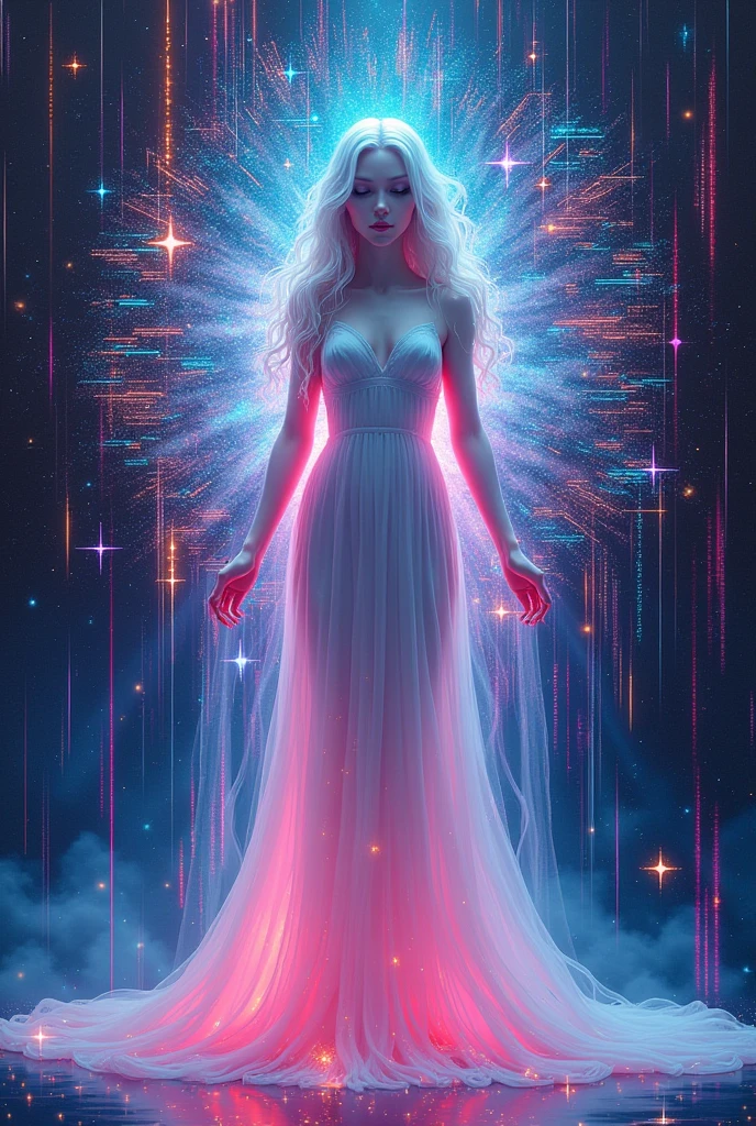 Oil on canvas, the muse of digital generative art, divine supernatural being, otherworldly beauty, equanimous, in the background there is an abstract motif of digital code and glitch aesthetic, she manifests from the void of diffusion, infused with photonic energy, thick textured paint, neat brushwork, intricately detailed, true masterpiece, 8k, hdr, vibrant neon colors fused with pastel tones, minimalist, 80s vibe, painterly quality