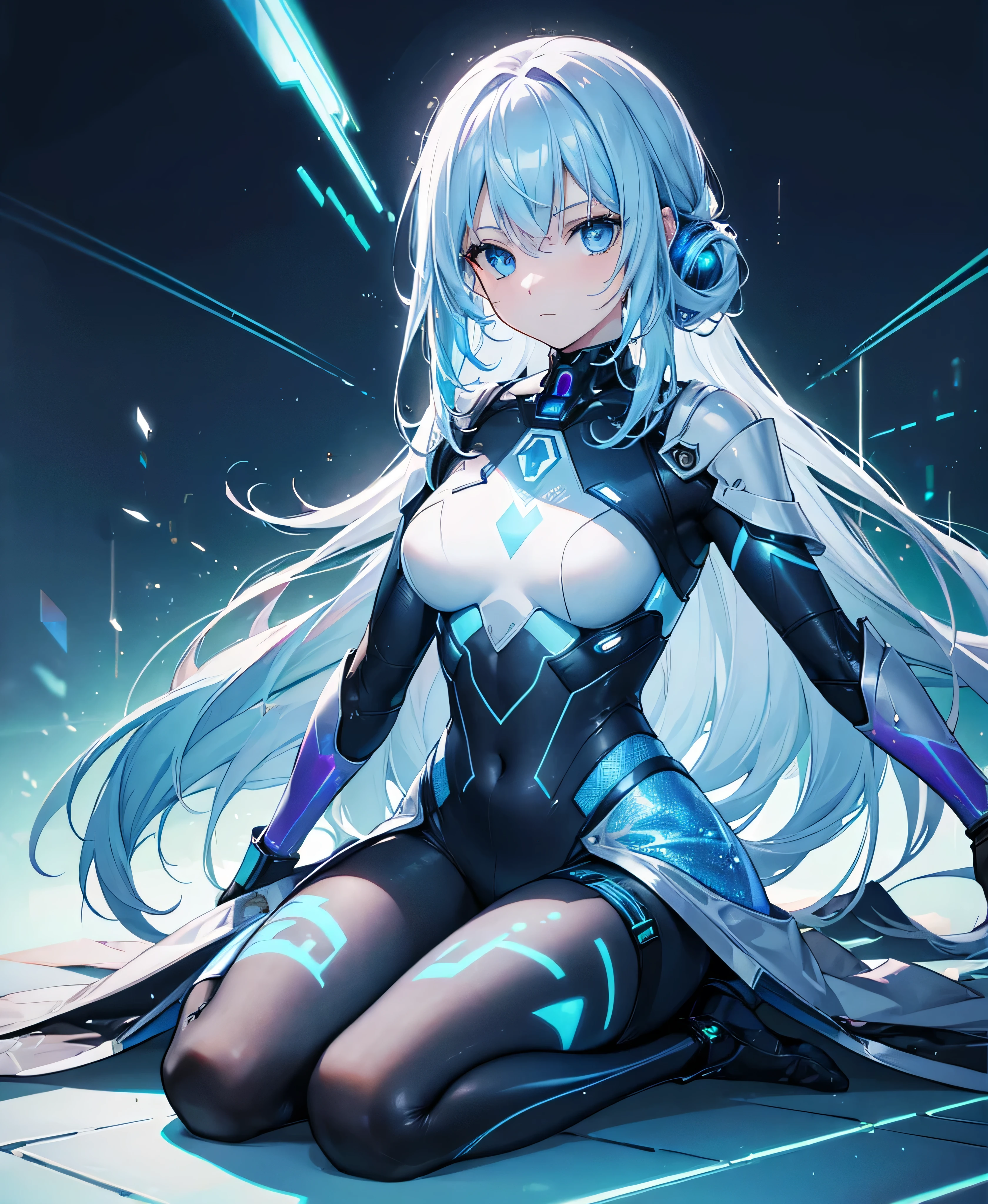 ((Holographic glow effect)),8k, Highest quality, (real:1.4), Original photo, 1 person, Asari Hair, Biological Amplifier, refined armor, posture: Peace talks between warring factions, smart blue eyes,whole body