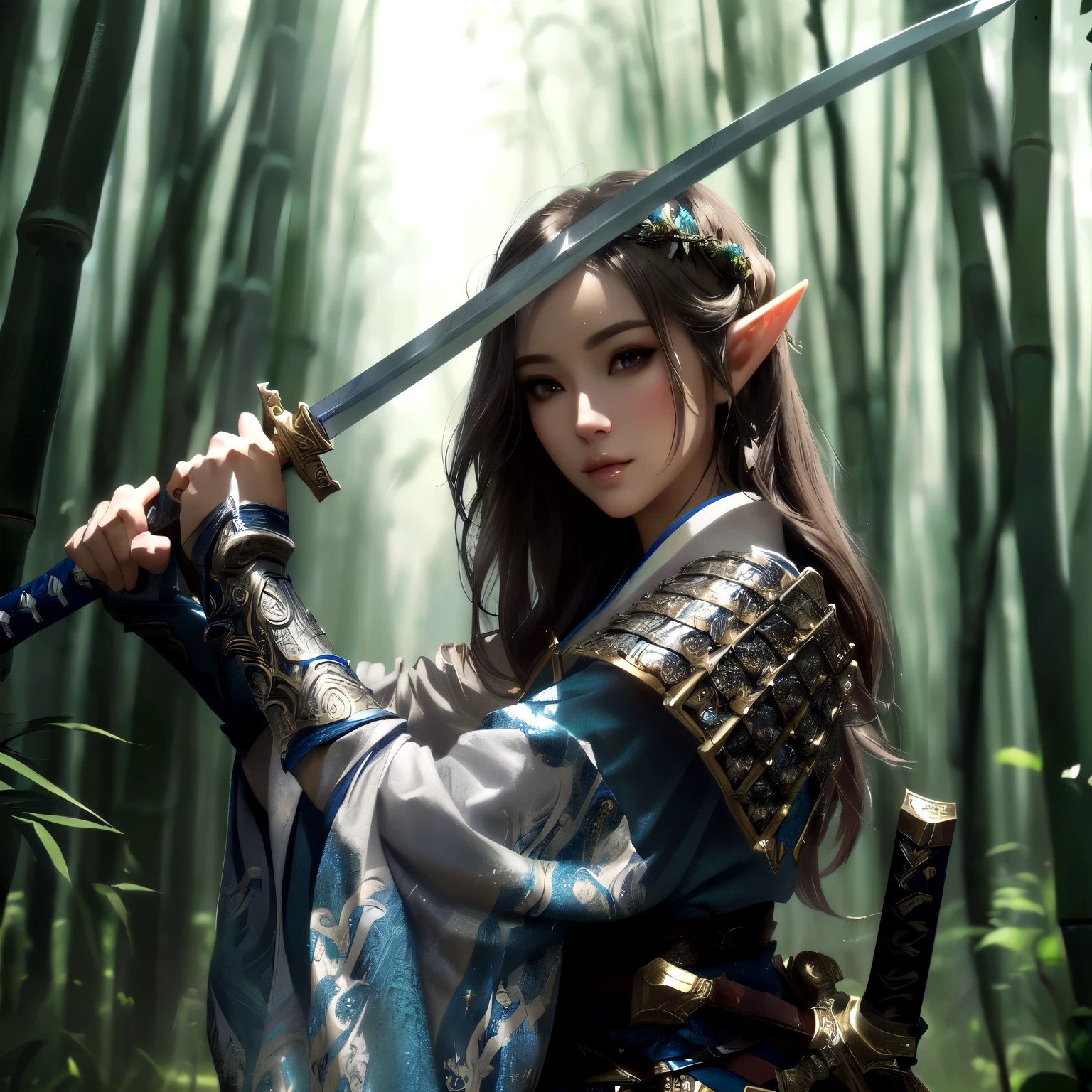 Female Elf Samurai Photo, Big Breasts,Stance for battle, With a sword drawn from its sheath, Ready for battle, Elf woman in blue dress holding a sword in a bamboo forest, 2. 5d cgi anime fantasy artwork, 4K Fantasy Art, Epic fantasy art style HD, Elegant cinematic fantasy art, Epic fantasy digital art style, Epic Elven Warrior, 8k fantasy art, elven warrior princess, trending Digital fantasy art, Digital fantasy art )