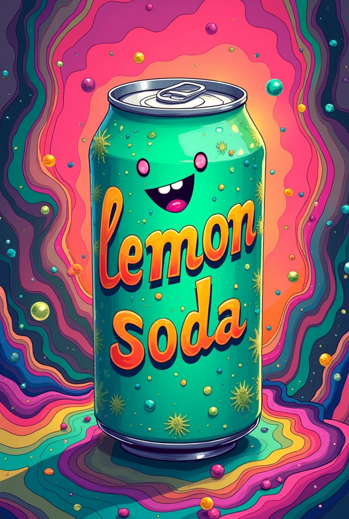 A psychedelic artwork with aquamarine green and hot pink details of a green can with the words Lemon Soda written on it