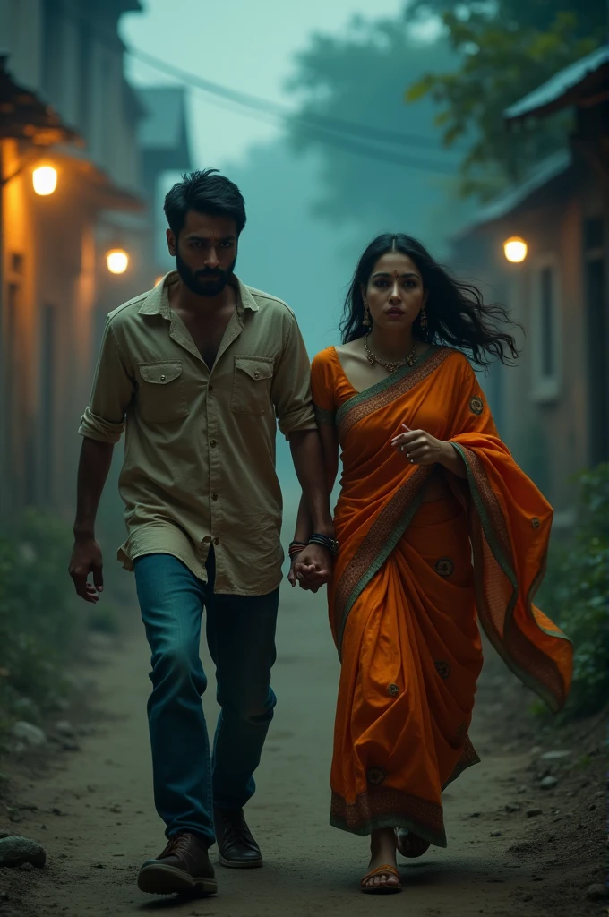 An Indian village couple running together at dusk, with a sense of urgency. The beautiful woman, wearing a salwar suit, has an expression of fear and is holding the hand of a handsome man. faces should be very good loooking. The background features a rural village setting, with shadows and eerie details that add to the horror theme. Use dramatic, cinematic lighting that highlights their expressions and movement, with deep contrasts between light and shadow to enhance the tension and atmosphere.