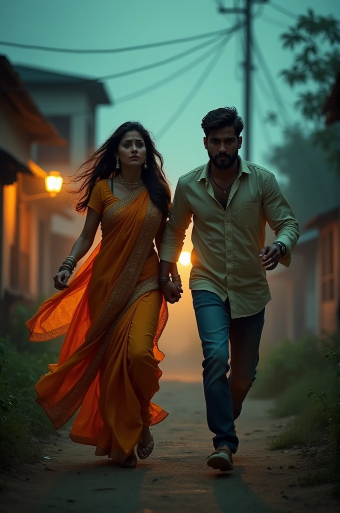 An Indian village couple running together at dusk, with a sense of urgency. The beautiful woman, wearing a  salwar suit, has an expression of fear and is holding the hand of a handsome man. faces should be very good loooking. The background features a rural village setting, with shadows and eerie details that add to the horror theme. Use dramatic, cinematic lighting that highlights their expressions and movement, with deep contrasts between light and shadow to enhance the tension and atmosphere.