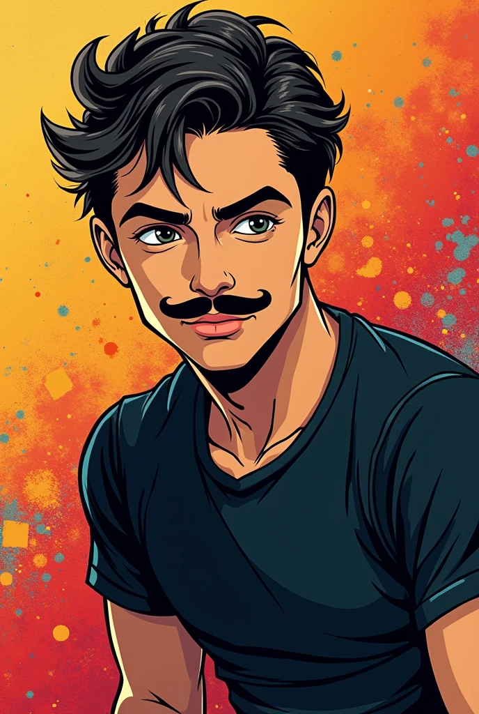 Make a young man with a mustache, black t-shirt and short hair, in 80's comic book style animation
