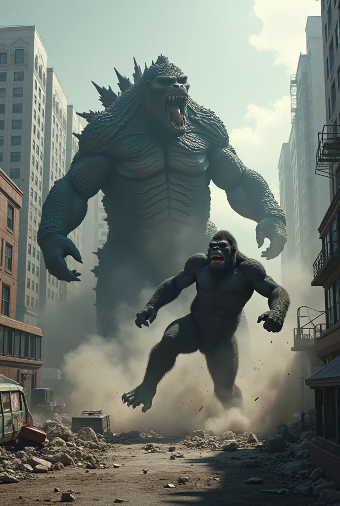 A giantic godzilla vs king kong fight king kong kick to down giantic godzilla building street car bus
