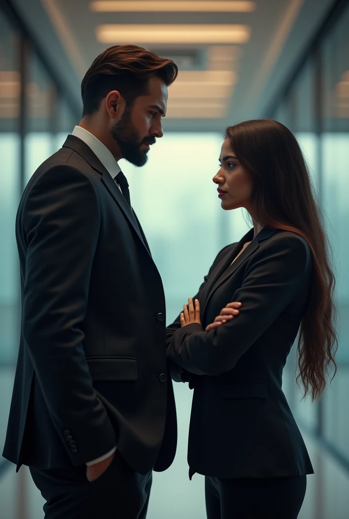 A tall , very handsome,rude gaze, young ceo man and a beautiful,pretty, indian girl with fair skin tone lawyer girl with a long hair staring at each other rudely with a distance between them, the girl is folding her hands , the man is tall and the girl is staring up at him ....they are in an office , they are starting at eachother angrily , the man has no beard