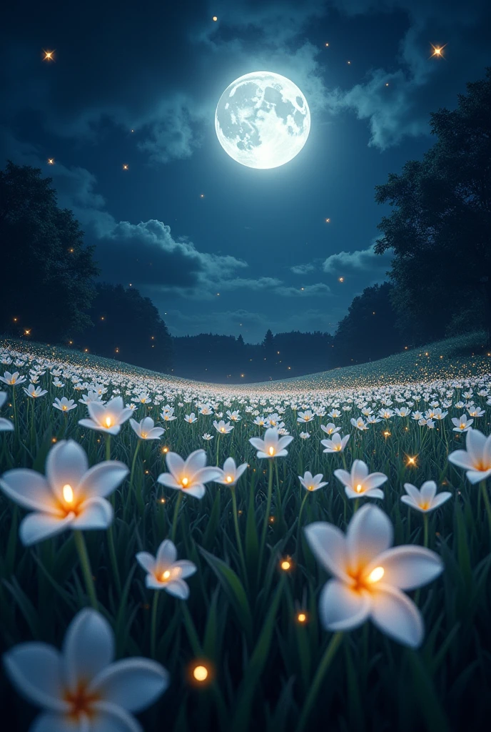 white plumeria field during the night, fireflies