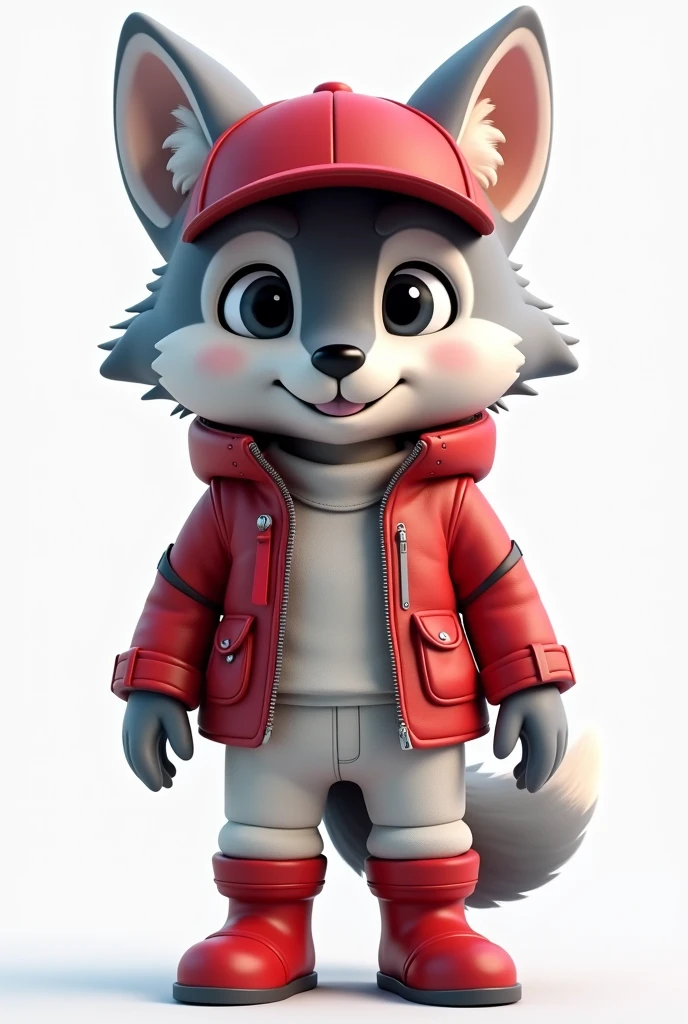 3D rendering in C4d and Blender of a cute fluffy wolf ,gray naural, as if alive, Fur, in a red leather parka and white techno clothes underneath, with big eyes, in a red baseball cap a small nose, and full growth on a white background. The wolf has red leather boots and a chibi character design with studio lighting.. The wolf smiles sweetly, with highlighted lines on the suit, a high resolution, high detail, and the best quality 12k,