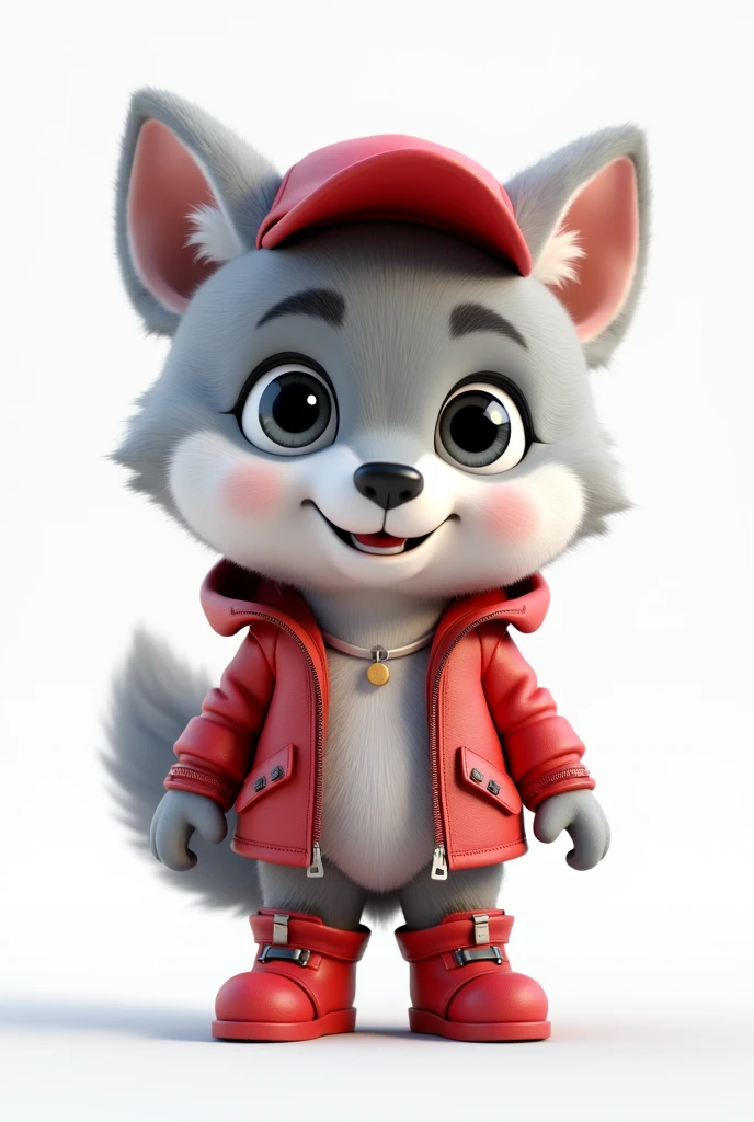 3D rendering in C4d and Blender of a cute fluffy wolf ,gray naural, as if alive, Fur, in a red leather parka and white techno clothes underneath, with big eyes, in a red baseball cap a small nose, and full growth on a white background. The wolf has red leather boots and a chibi character design with studio lighting.. The wolf smiles sweetly, with highlighted lines on the suit, a high resolution, high detail, and the best quality 12k,