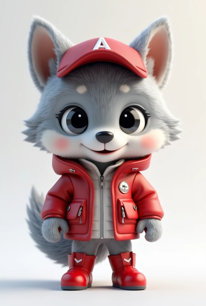 3D rendering in C4d and Blender of a cute fluffy wolf ,gray naural, as if alive, Fur, in a red leather parka and white techno clothes underneath, with big eyes, in a red baseball cap a small nose, and full growth on a white background. The wolf has red leather boots and a chibi character design with studio lighting.. The wolf smiles sweetly, with highlighted lines on the suit, a high resolution, high detail, and the best quality 12k,