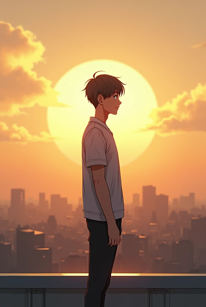 A  boy standing in rooftop in early morning looking towards sun