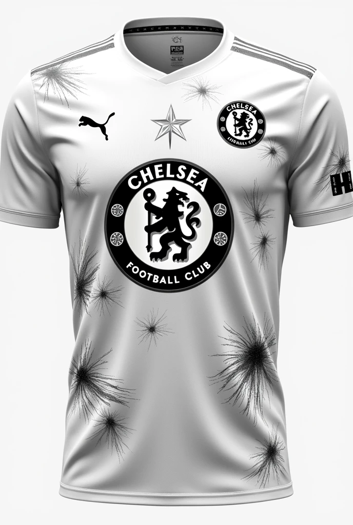 Make the best white interclass jersey, with a small black wild pampeano pampas cat inside a circle, similar to the Chelsea club that scares opponents, and Make black scratch details on the shirt and in the upper left corner in the chest area place the puma symbol and on the team symbol place a star on top