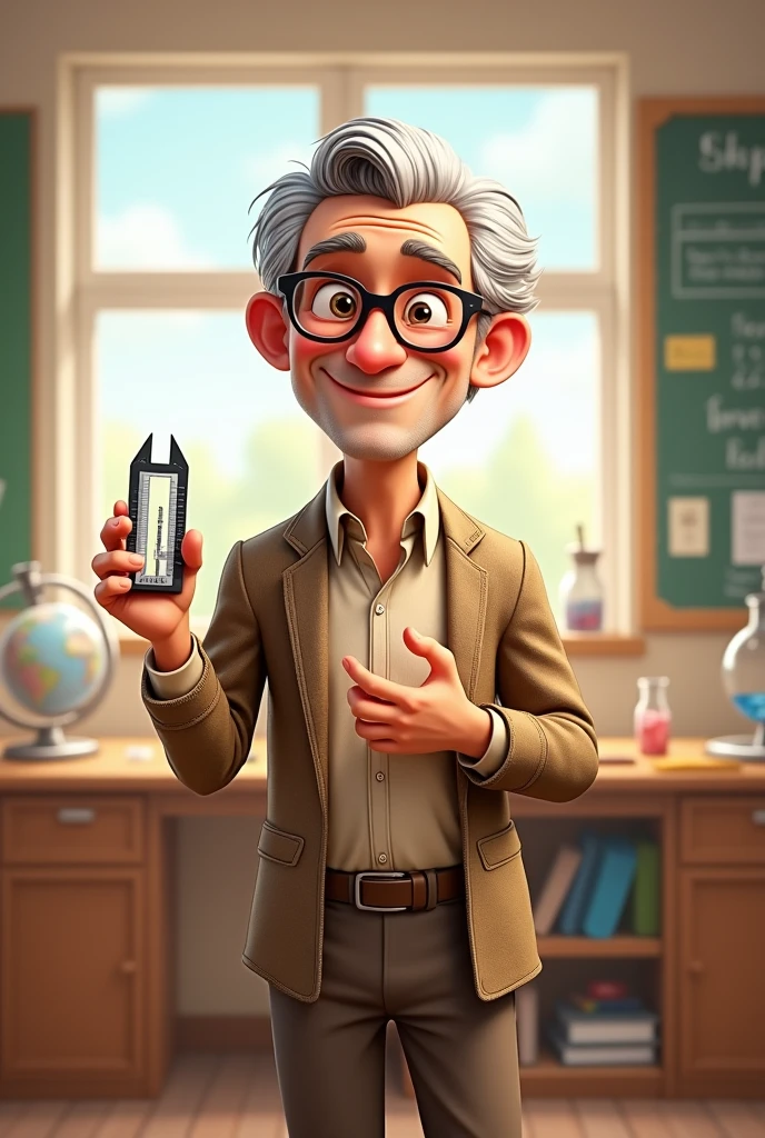 Animated gray-haired male teacher with vernier caliper
