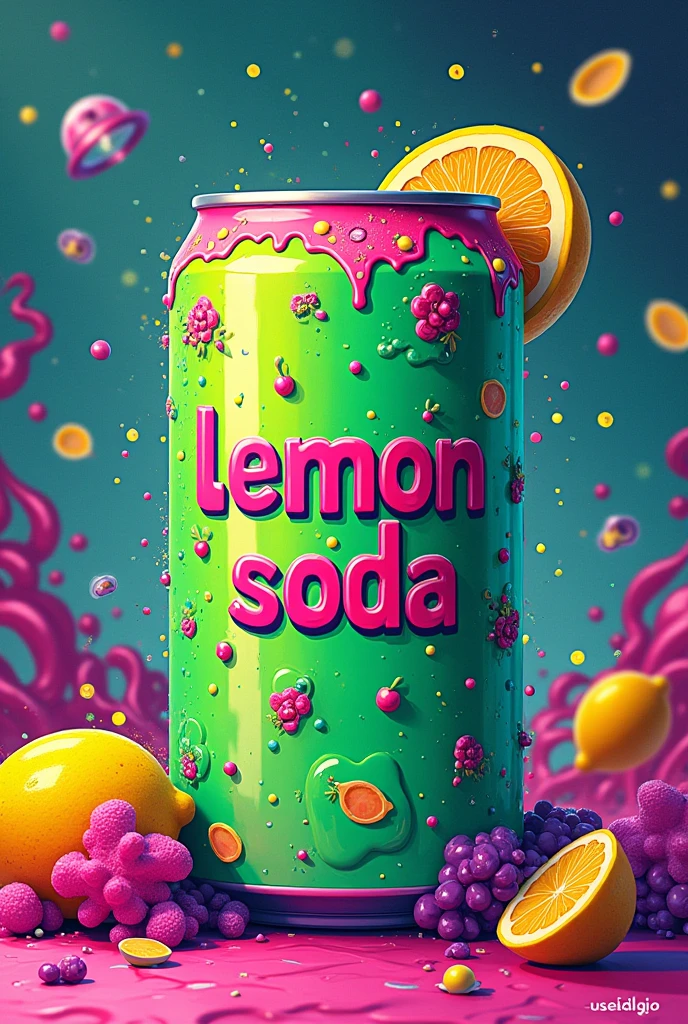 A psychedelic artwork with aquamarine green and hot pink details of a green can with the words Lemon Soda written on it