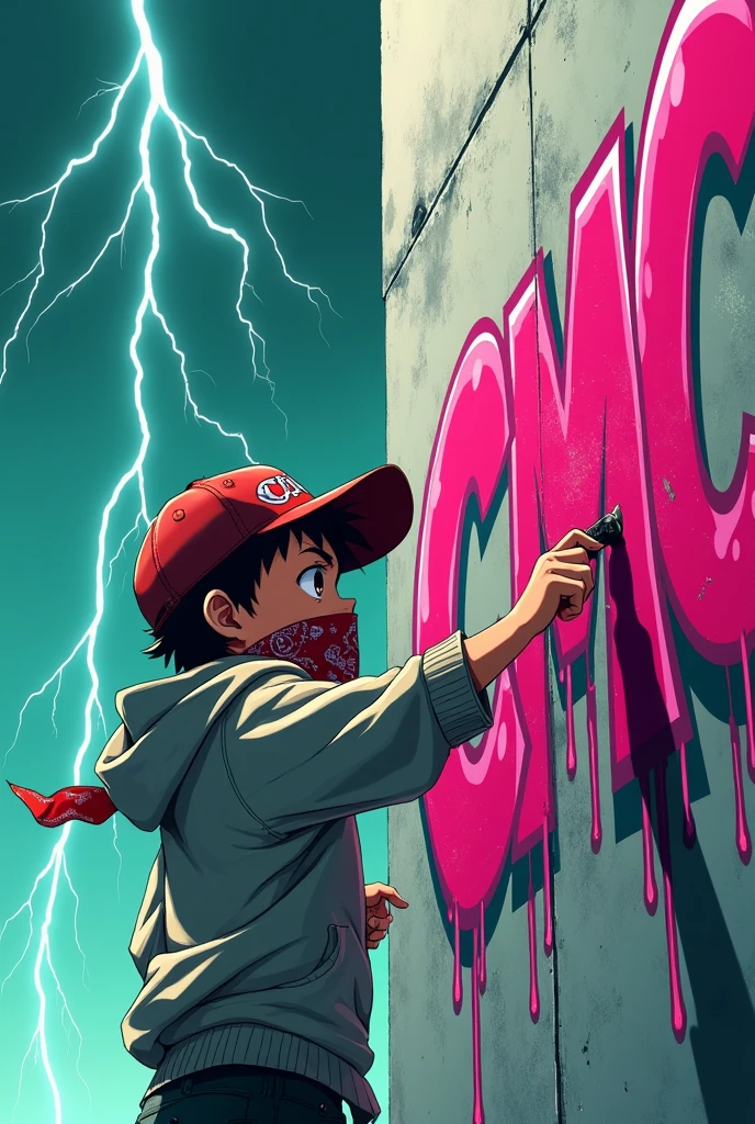 A 1 boy with a cap and a bandana in his mouth, Japanese, graffitiing the word CMC on a wall with graffiti letters and the color fuchsia red, with thunder falling from the sky, and a greenish turquoise background.. Let it be anime type