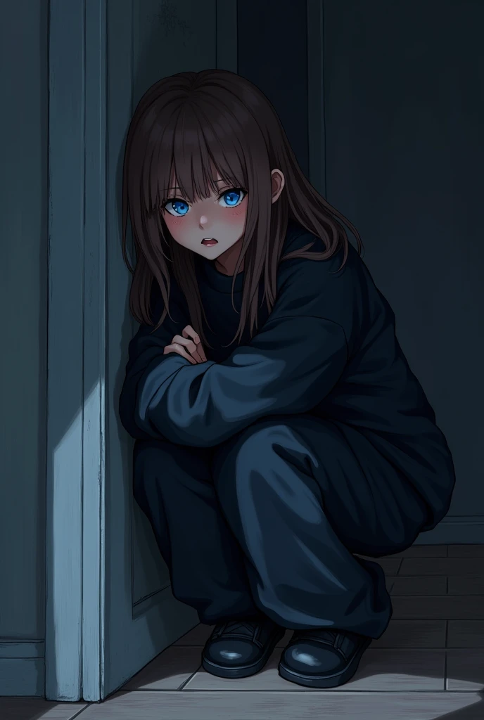 Illustration of a girl, of Brown hair, blue eyes, with a big black sweatshirt, lying on the floor of her house leaning against the wall with a frightened expression, dark at night
