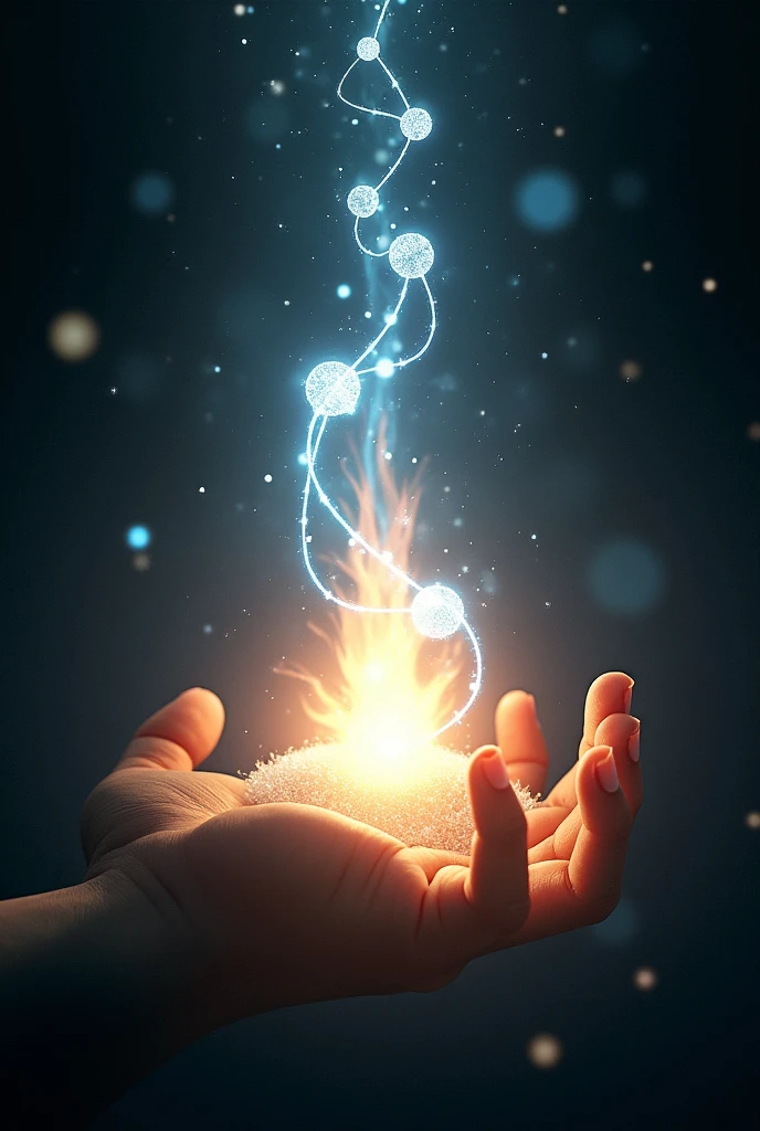 United and connected by a single mind in the spiritual world On a black background A bright white flame in the center like a floating creator And around infinite bright balls of light joined by white threads