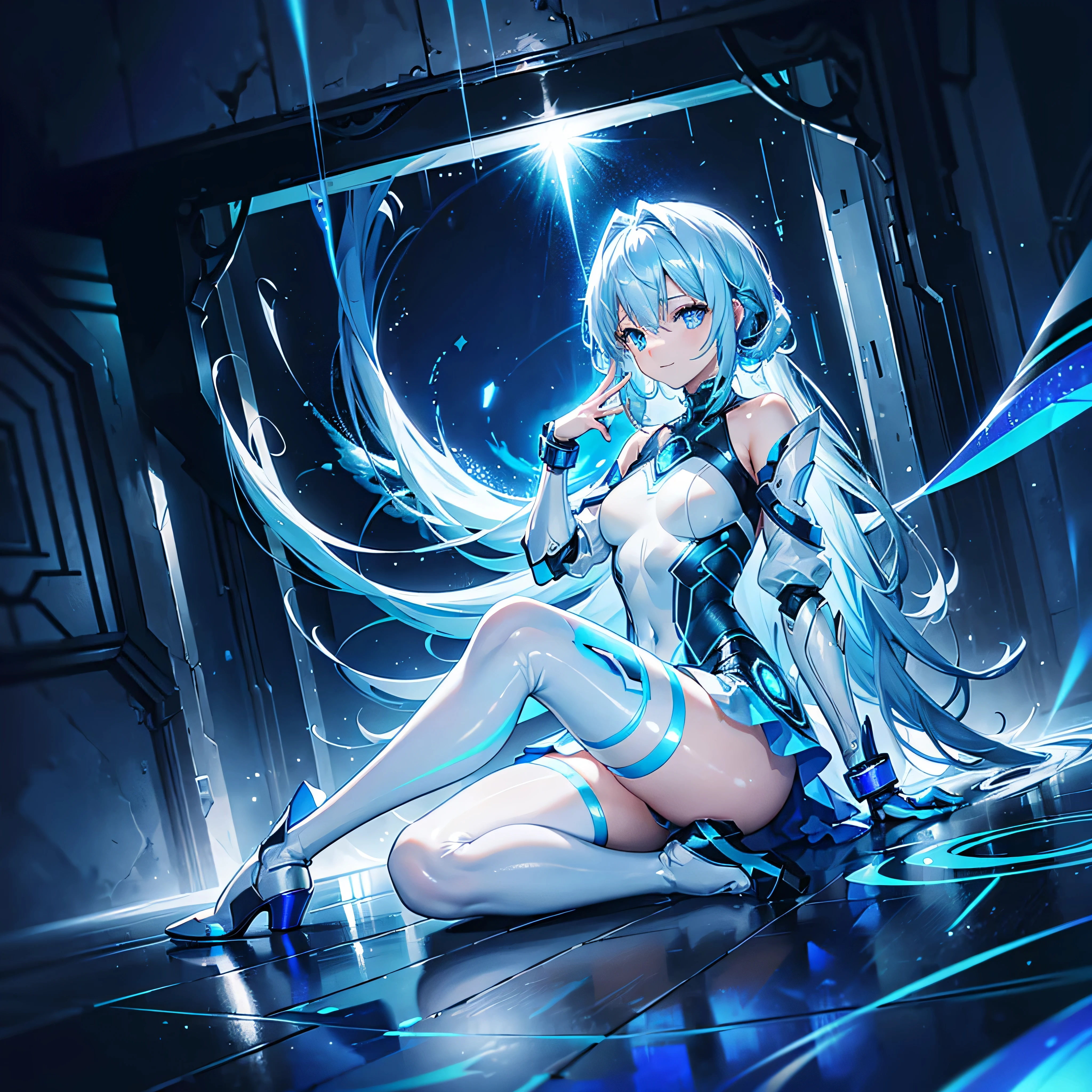 ((Holographic glow effect)),8k, Highest quality, (real:1.4), Original photo, 1 person, Asari Hair, Biological Amplifier, Very sleek and futuristic armor, posture: Peace talks between warring factions,,attention arousal, smart blue eyes,A modest smile,Knee-high boots,Patent-look blue tights,Blue big moon and blue light swirl in the background,Blue light from behind,blue light magic,A small, glowing blue ball in the palm of your hand,Blue flame swirl,Blue Comet,Polished floor,