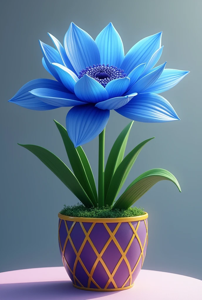 A magnificent blue flower with a green still in a purple yellow striped pot as a gift where the flower is in 