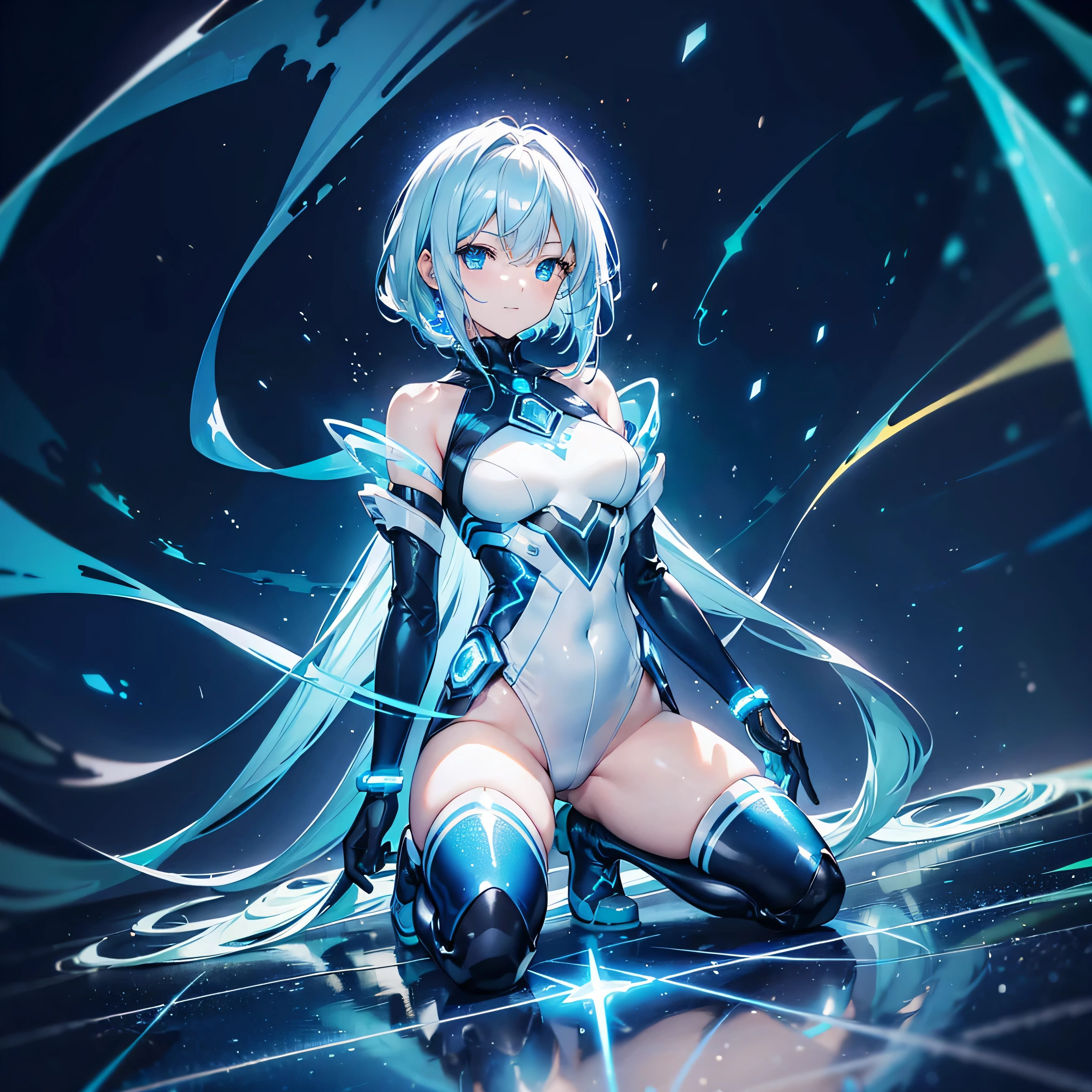 ((Holographic glow effect)),8k, Highest quality, (real:1.4), Original photo, 1 person, Asari Hair, Biological Amplifier, Very sleek and futuristic armor, posture: Peace talks between warring factions,,attention arousal, smart blue eyes,A modest smile,Knee-high boots,Patent-look blue tights,Blue big moon and blue light swirl in the background,Blue light from behind,blue light magic,A small, glowing blue ball in the palm of your hand,Blue flame swirl,Blue Comet,Polished floor,