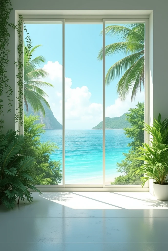 White fantasy room with plants and spectacular sea views, Paradise.