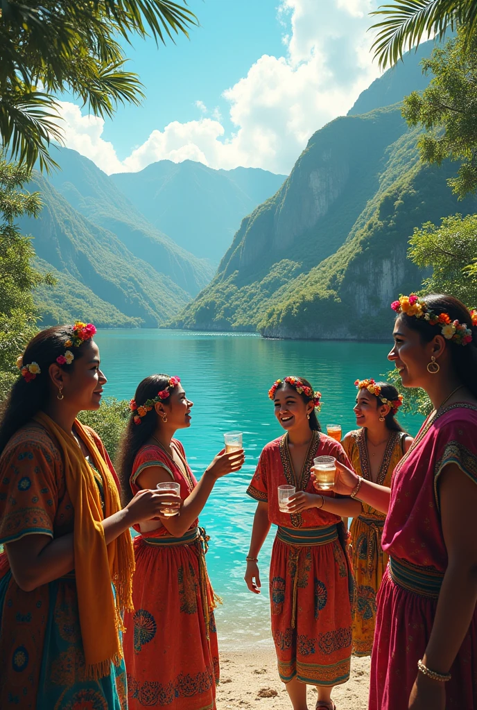 Make a realistic image where 5 Peruvian women and 10 men from small communities in Peru are worshipping water by having a Peruvian-style carnival party with a lagoon in the background with green mountains and where they have glasses of water in their hands and are dancing.